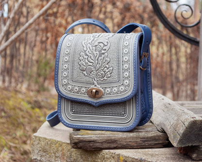 Ethno-Embossed Gray and Blue Leather Crossbody Bag