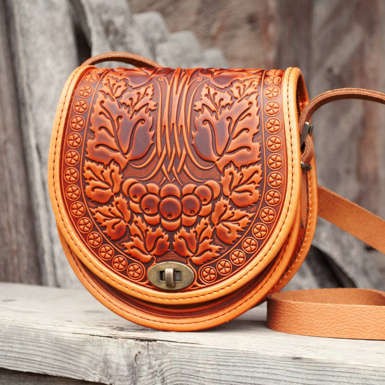 Semi-Circular Leather Crossbody Bag with Boho Embossed Pattern – Chestnut Brown