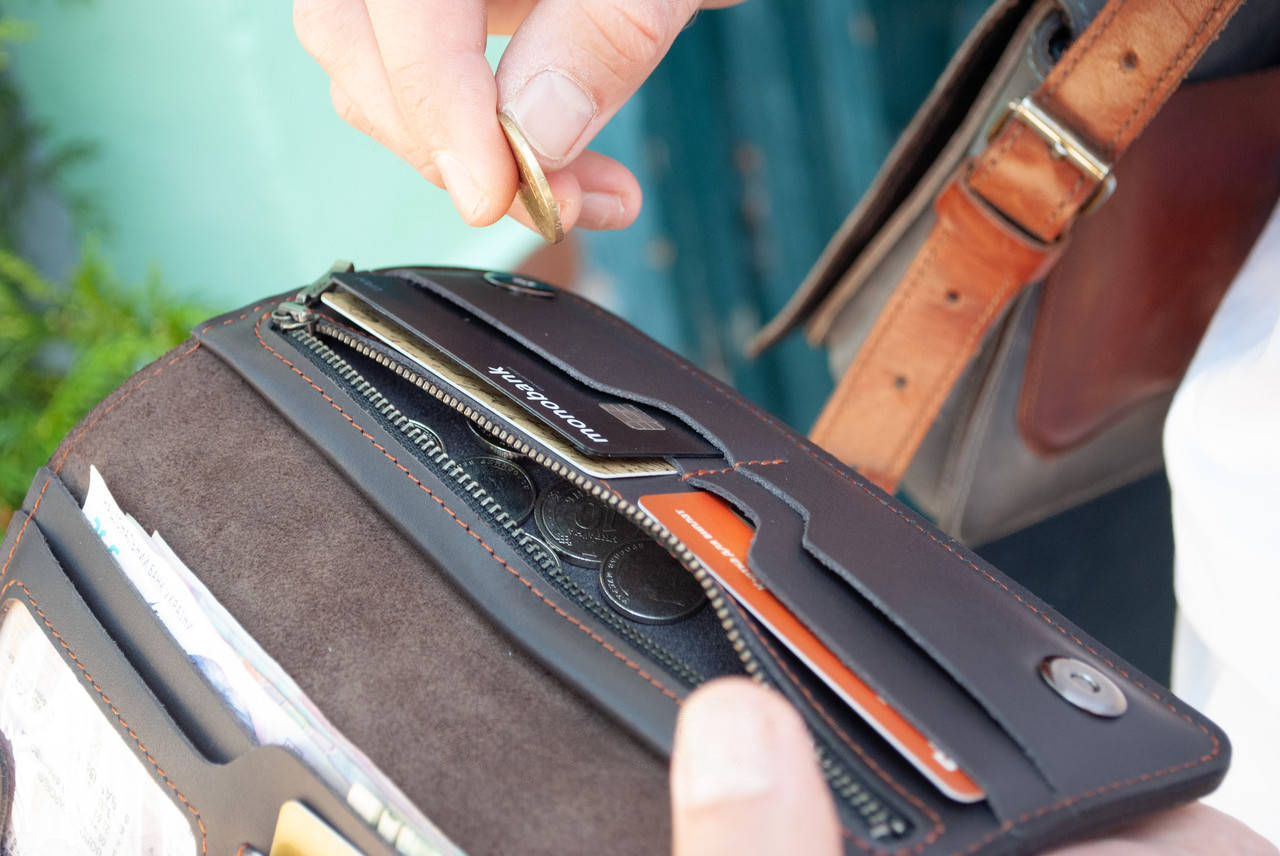 Long Dark Brown Leather Wallet with Ukraine's Trident Embossing