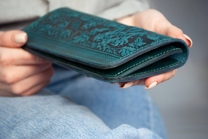 Women's Long Dark Turquoise Leather Wallet with Ukrainian Trident and Viburnum Embossing