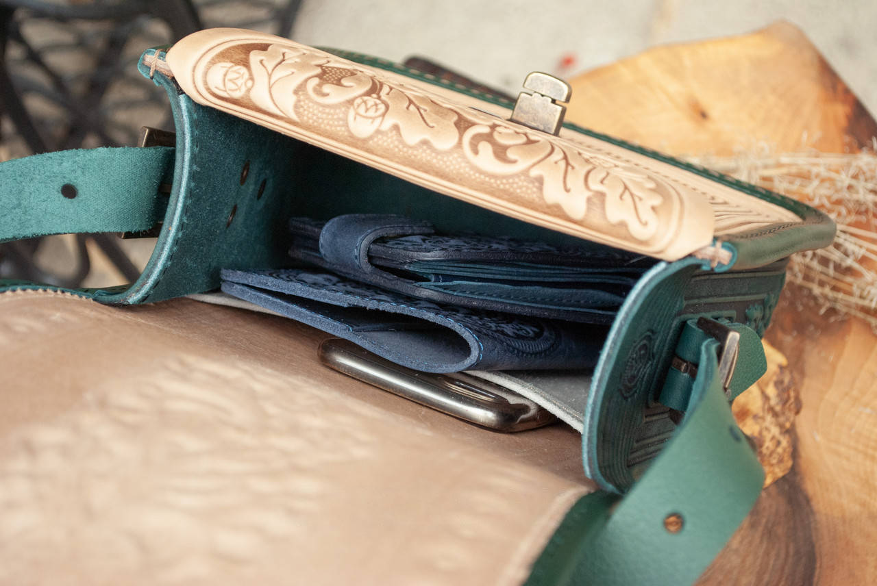 Green and Brown Rectangular Leather Crossbody Bag with Ethnic Embossing