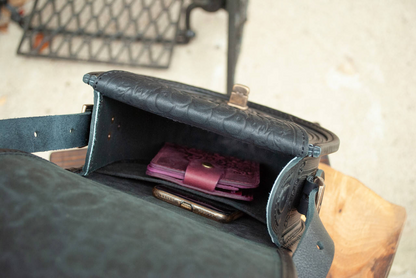 Black Leather Crossbody Bag with Boho Embossing