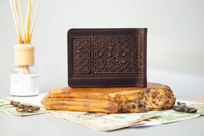 Dark Brown Leather Money Clip with Embossed Ukrainian Trident