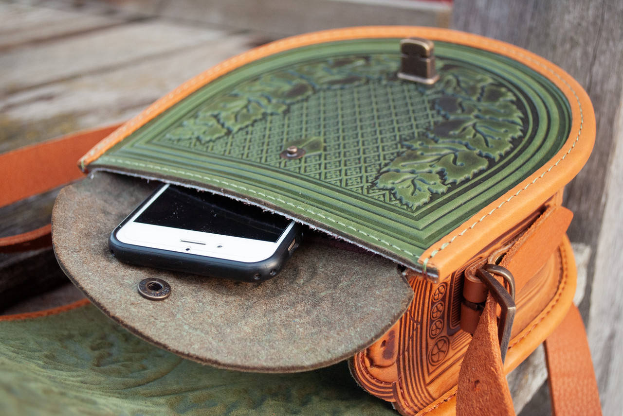 Olive and Ginger Leather Crossbody Bag with Boho Embossing