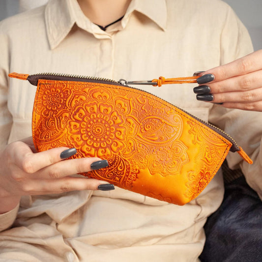 Orange Leather Makeup Bag with Floral Embossing