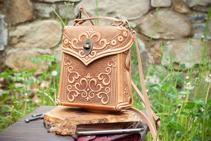 Small Dark Beige Leather Crossbody Backpack with Boho Ornament