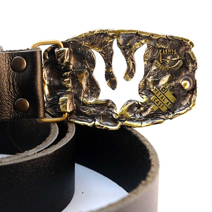 Leather Belt "Trident from Lava" with Brass Buckle