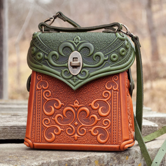 Small Rust-Green Leather Crossbody Backpack with Boho Ornament