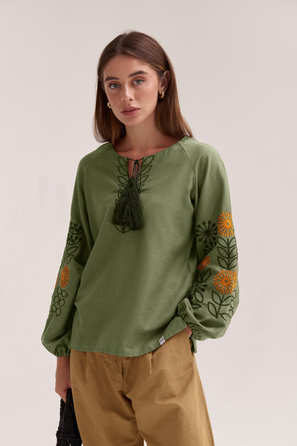 Women's Embroidered Blouse (Vyshyvanka) "Sunflowers" Khaki