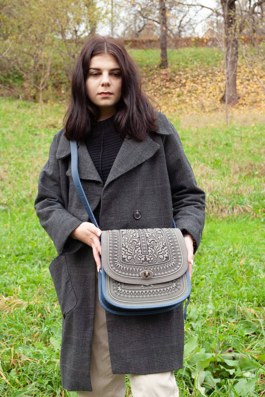 Leather Bag with Embossing, Gray with Blue