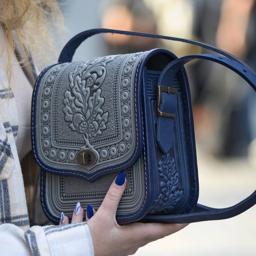 Ethno-Embossed Gray and Blue Leather Crossbody Bag