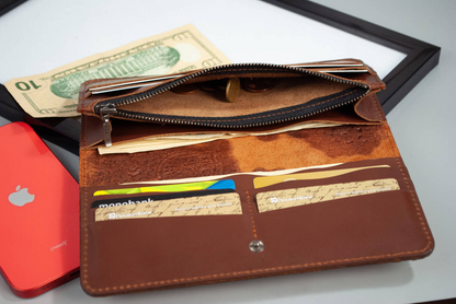 Women’s Long Leather Wallet in Rust Brown with "Blooming Garden" Embossing