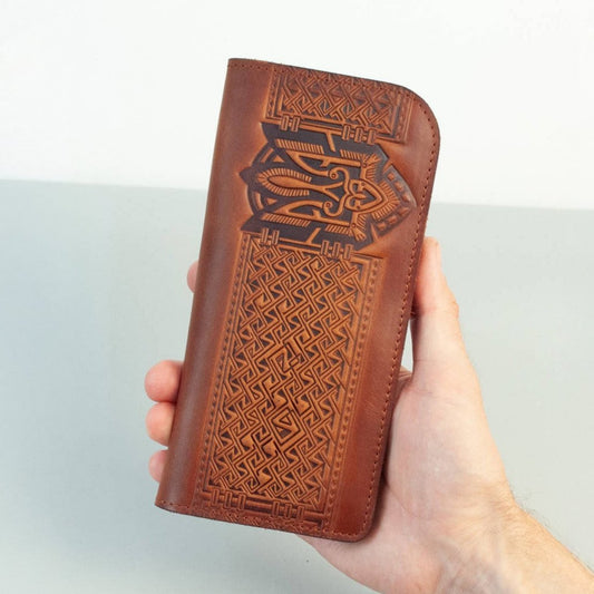 Long Light Brown Leather Wallet with Ukraine's Trident Embossing