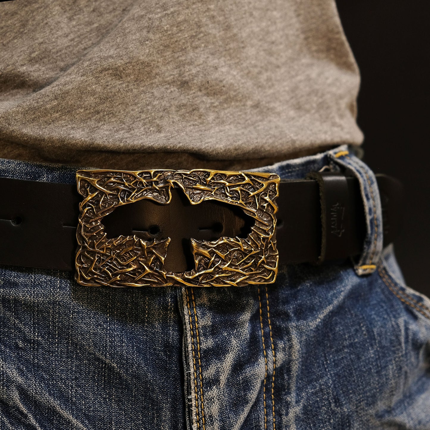 Leather Belt "Raven" with Brass Buckle