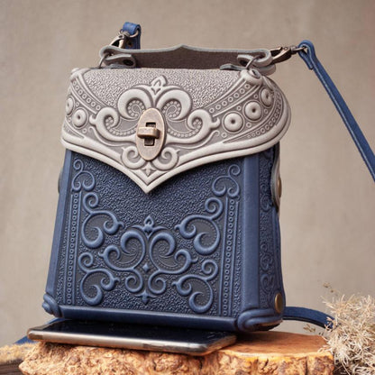 Small Gray-Blue Leather Crossbody Backpack with Boho Ornament