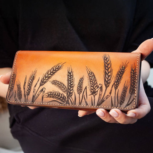 Women's Long Leather Wallet with Wheat Stalk Embossing – Rusty Brown