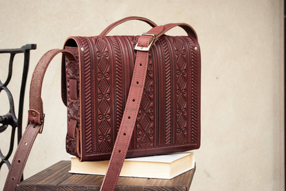 Burgundy Handcrafted Leather Briefcase with Embossing