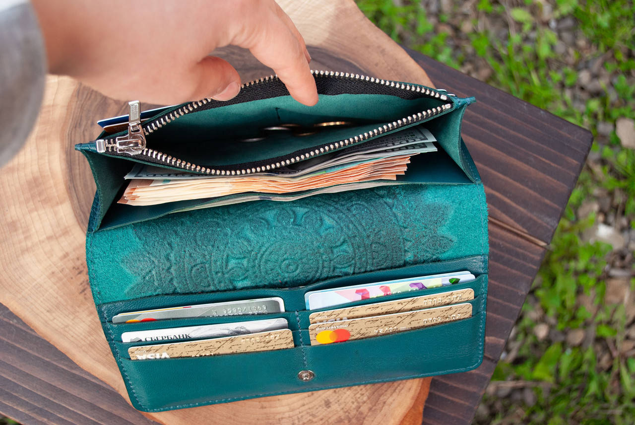 Women's Long Dark Turquoise Leather Wallet with Ukrainian Trident and Viburnum Embossing