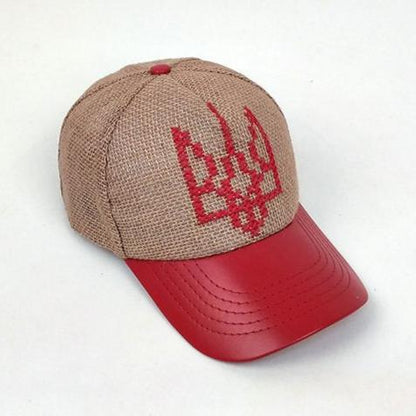 Linen Cap with Tryzub Emblem (Red)