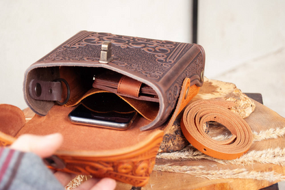 Small Rust-Brown Leather Crossbody Backpack with Boho Ornament