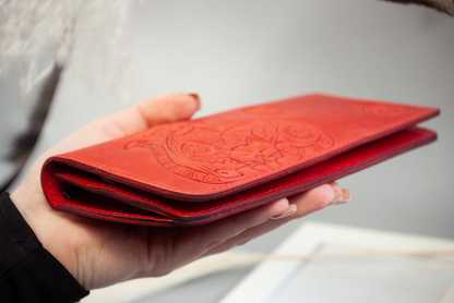 Red Leather Wallet with Cat Embossing