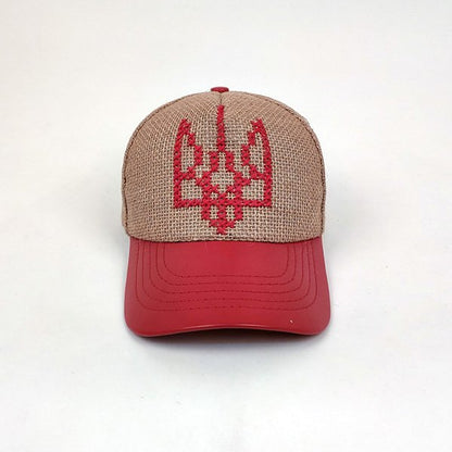 Linen Cap with Tryzub Emblem (Red)