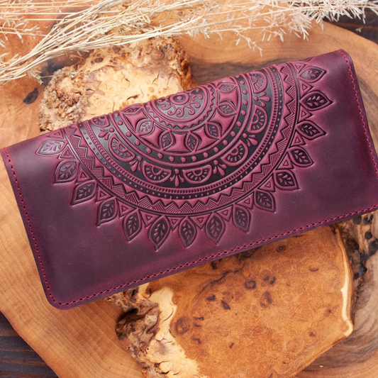 Burgundy Women’s Leather Wallet with Mandala Embossing