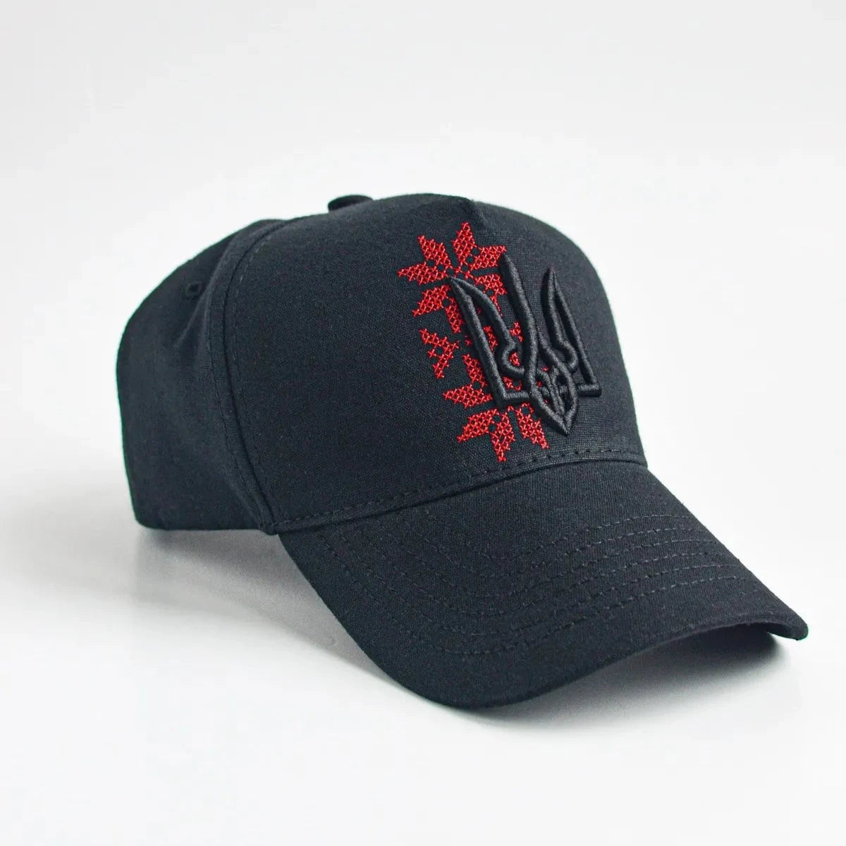 Forehead Baseball Cap with Tryzub and Embroidery (Black with Red)