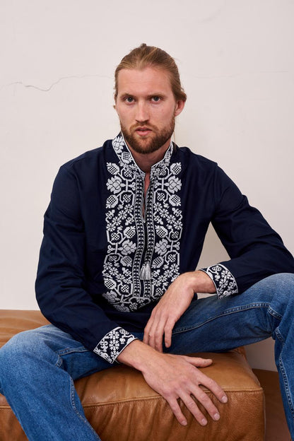 Men's Embroidered Shirt (Vyshyvanka) "Vsevolod" (Dark Blue)