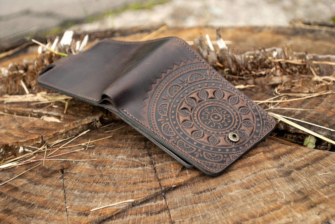 Men's Brown Leather Wallet with Sun Mandala Embossing