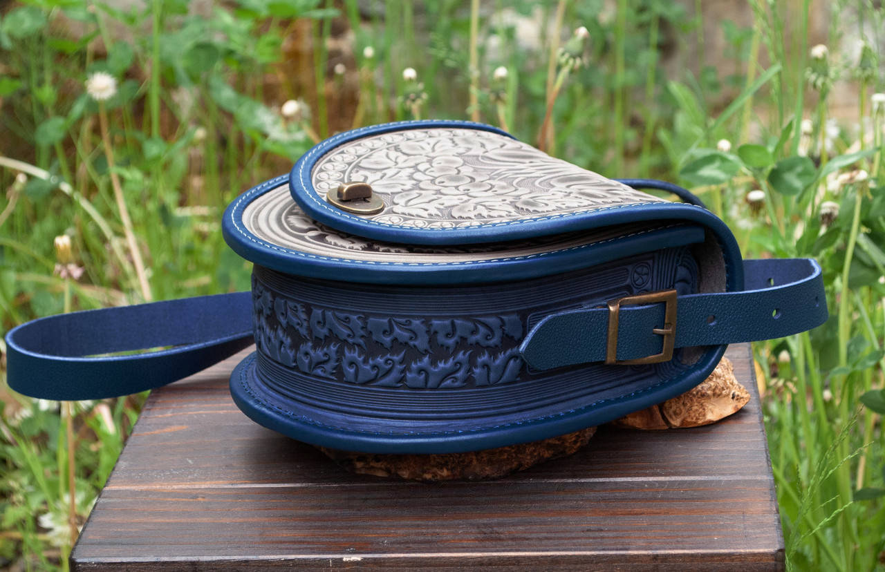 Gray and Blue Leather Crossbody Bag with Boho Embossing