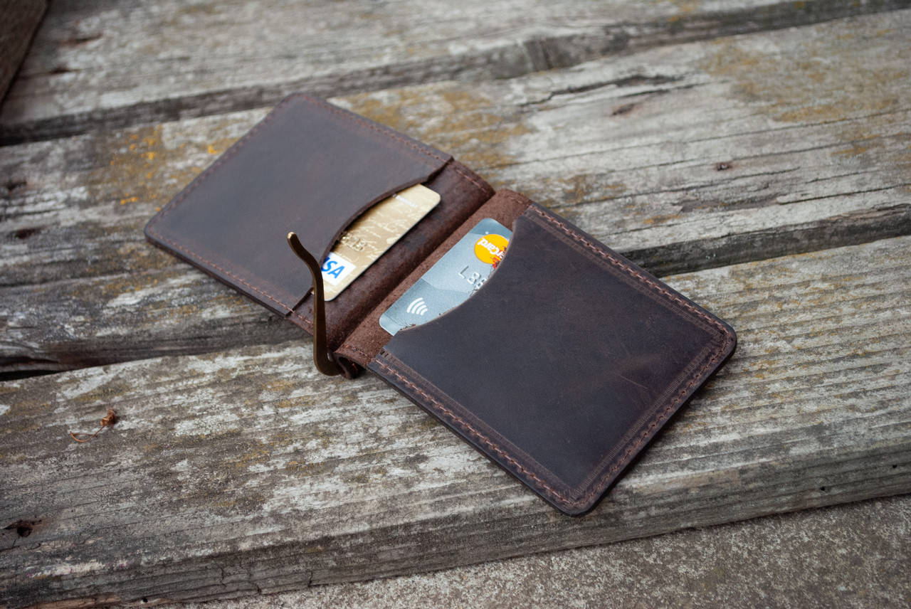 Dark Brown Leather Money Clip with "Sun" Mandala Embossing