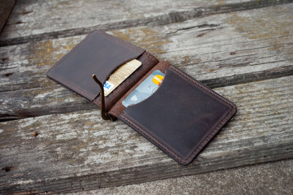 Dark Brown Leather Money Clip with "Sun" Mandala Embossing