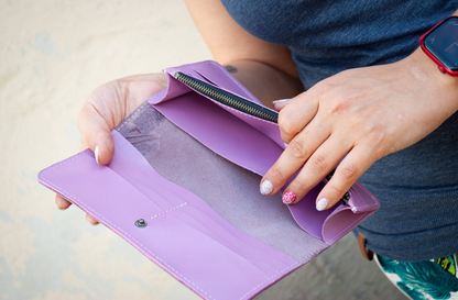 Long Women's Leather Wallet with Lavender Embossing