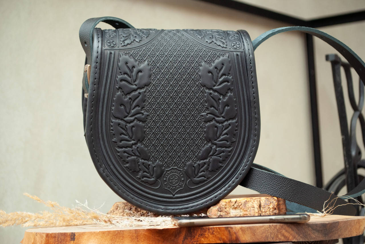 Black Leather Crossbody Bag with Boho Embossing