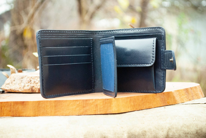 Dark Blue Men's Leather Wallet with Ukrainian Trident Emblem