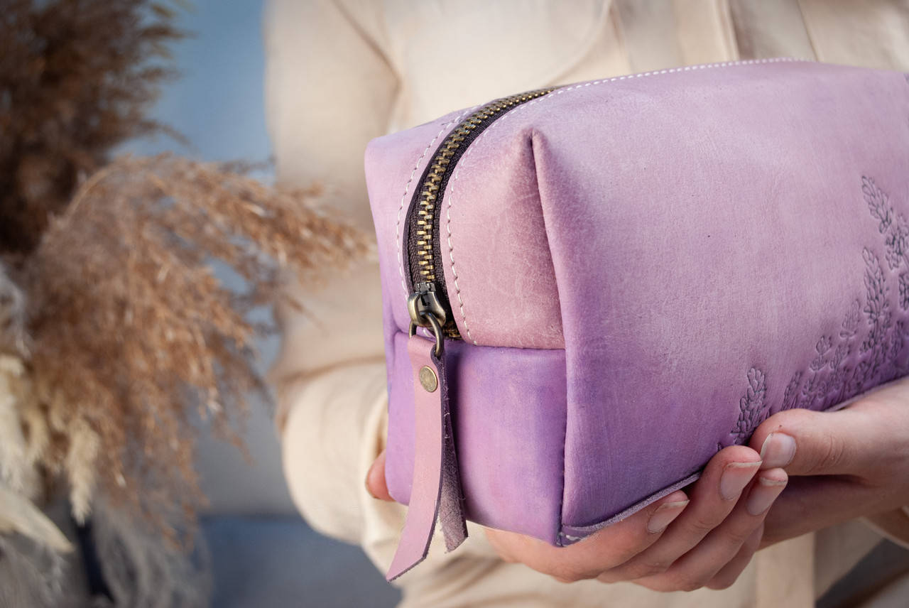 Large Women’s Leather Cosmetic Bag with Hand-Painted Lavender