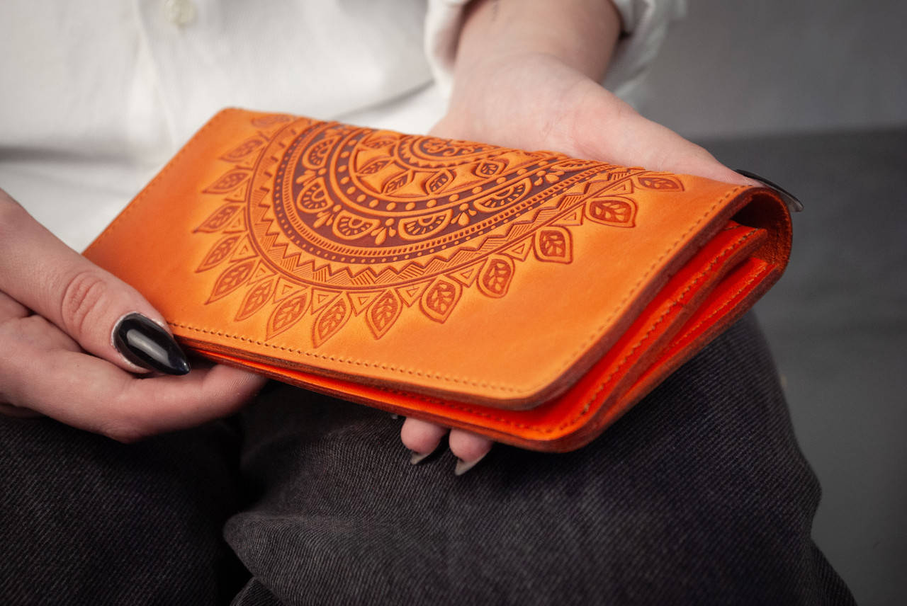 Orange Long Leather Wallet with Sun Embossing