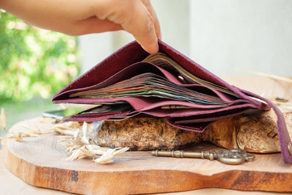 Leather Wallet with Cat Embossing in Burgundy (Marsala)