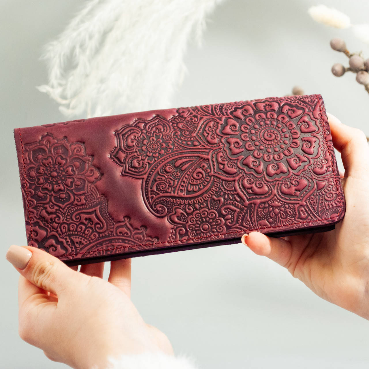 Women's Burgundy Leather Wallet with "Blooming Garden" Embossing