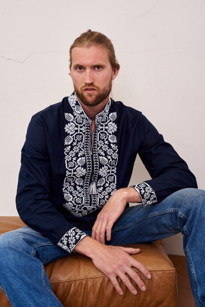 Men's Embroidered Shirt (Vyshyvanka) "Vsevolod" (Dark Blue)