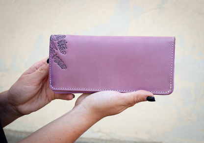 Long Women's Leather Wallet with Lavender Embossing