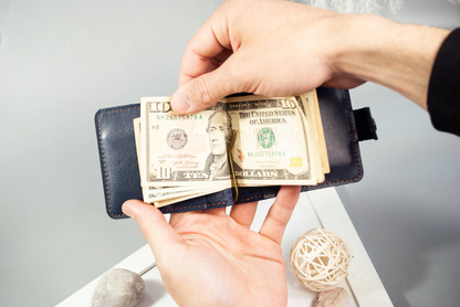 Dark Blue Leather Money Clip with Coin Holder and Folk Ornament Embossing