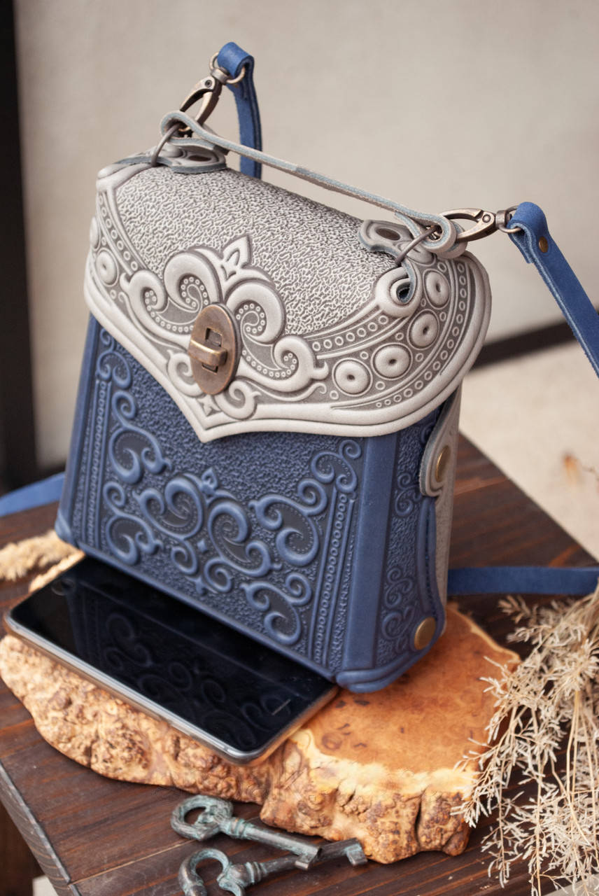 Small Gray-Blue Leather Crossbody Backpack with Boho Ornament