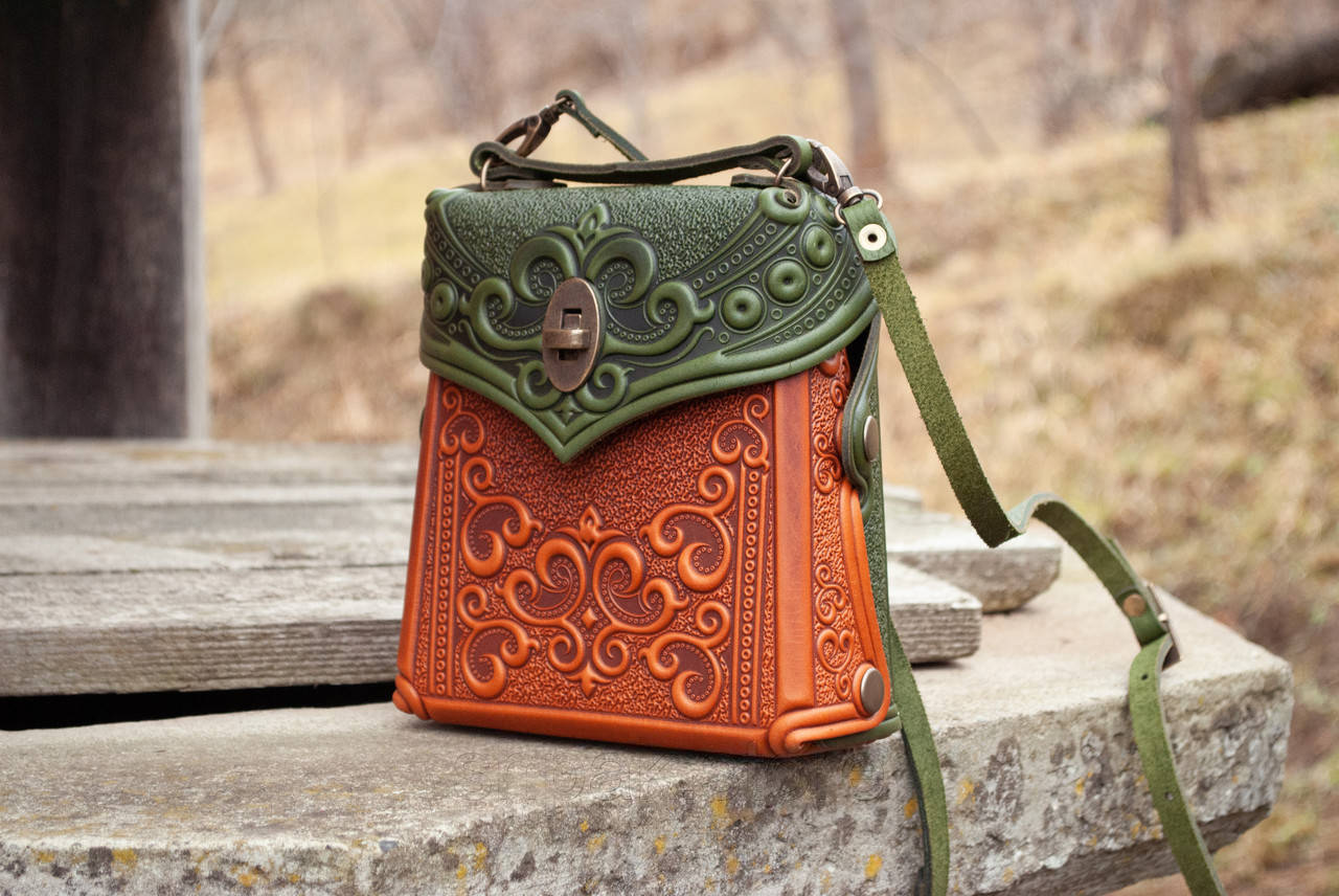 Small Rust-Green Leather Crossbody Backpack with Boho Ornament