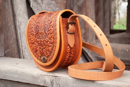 Semi-Circular Leather Crossbody Bag with Boho Embossed Pattern – Chestnut Brown