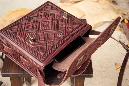 Burgundy Handcrafted Leather Briefcase with Embossing