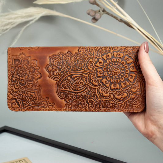 Women’s Long Leather Wallet in Rust Brown with "Blooming Garden" Embossing