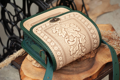 Green and Brown Rectangular Leather Crossbody Bag with Ethnic Embossing