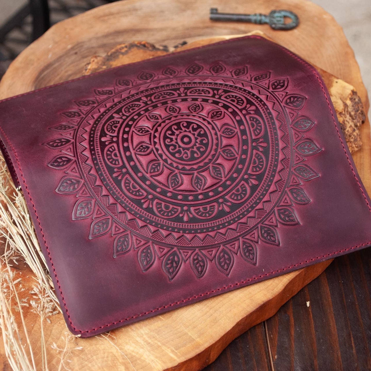 Burgundy Women’s Leather Wallet with Mandala Embossing